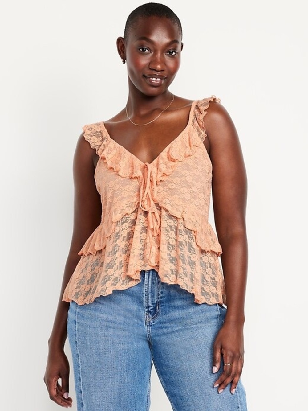 Old Navy Peach Lace Tie-Front Cropped Cami Tank Bow Ruffle Lace XL NEW - Picture 7 of 8